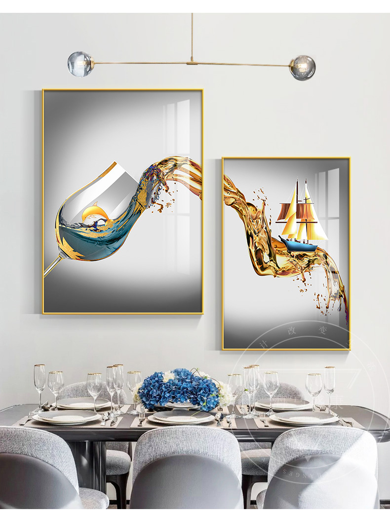 吃饭厅挂画轻奢风餐厅二联晶瓷画餐桌墙面装饰画北欧歺厅壁画大气a款