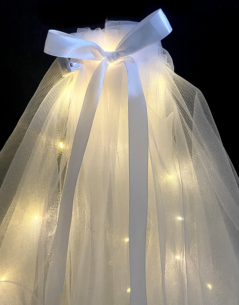 头纱领证短款双层发光头纱网红带灯长软纱超仙蝴蝶结拍照领证头纱夜市