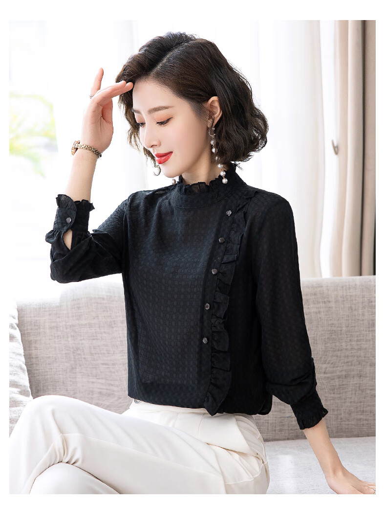 恒源祥女装彩羊雪纺衬衫女长袖2021秋装洋气百搭时尚上衣女士衬衣高端