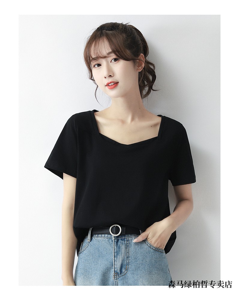 森马黑色t恤女短袖少女高中生女生2022年夏季新款宽松正肩显瘦露锁骨v
