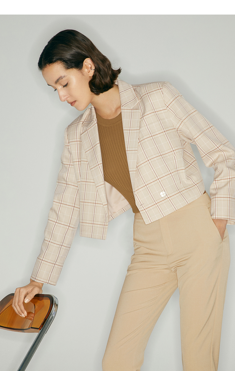 mm麦檬新款西服米色气质通勤格纹短款西装外套女设计感5b2110191 米色