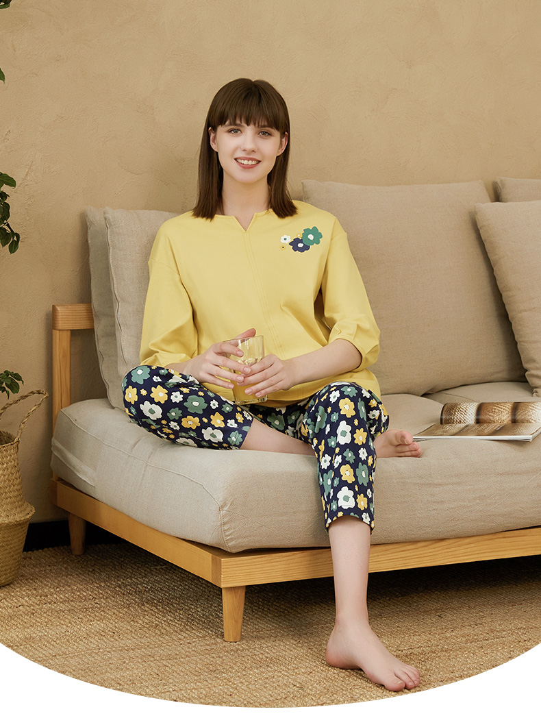 铜牛2021秋冬新款养肤棉圆领家居女套八分袖睡衣套装女vj090淡紫16085