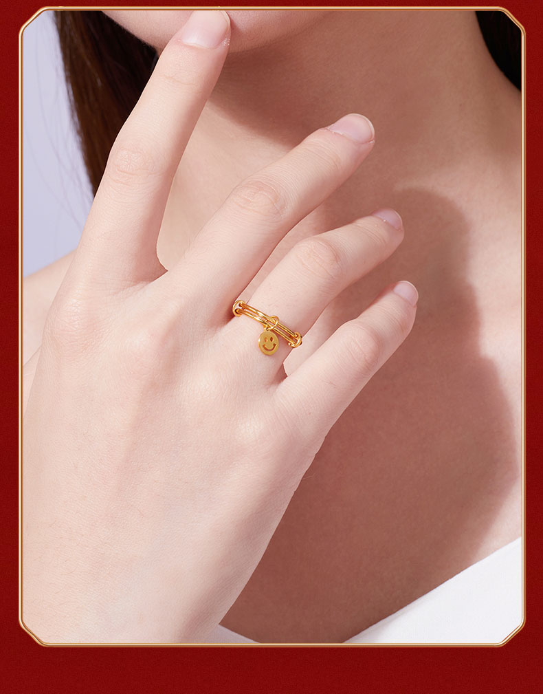 庆怡珠宝足金5g黄金戒指女活口细款光面纯金戒指素圈微笑小金珠福牌