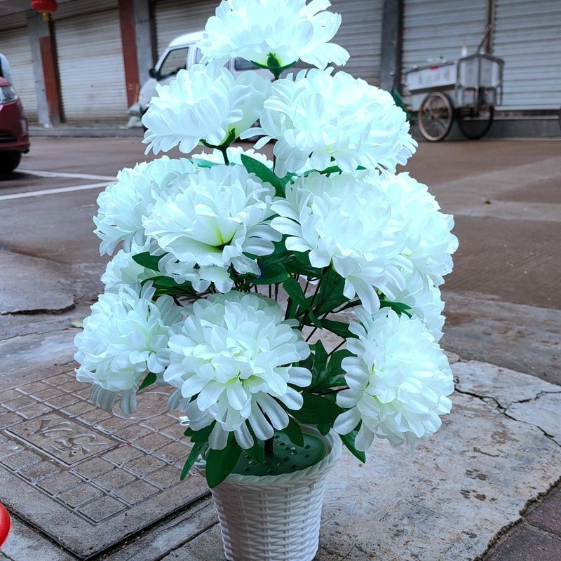 菊花祭祀仿真花墓地摆放永生花上坟用花装饰布艺娟花乳白色花束不含盆