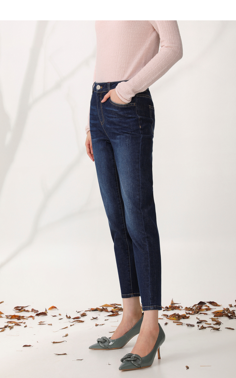 yifini易菲2021秋季新款深蓝色牛仔裤女高腰修身显瘦直筒小脚裤2101k