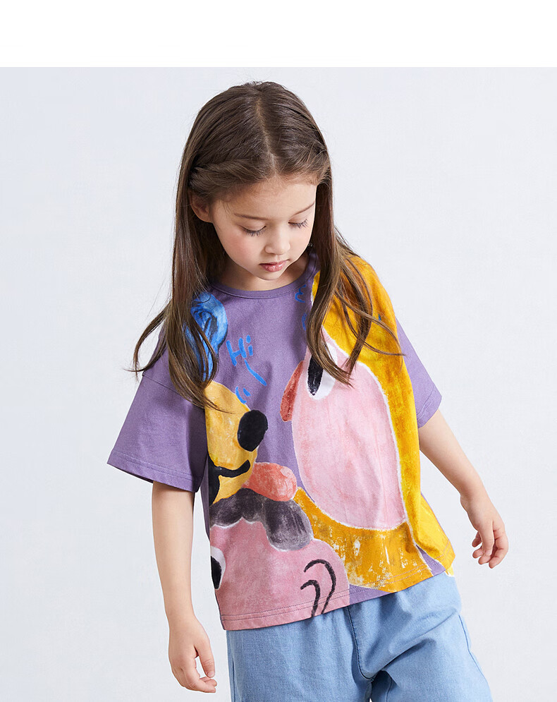 马拉丁童装女大童t恤2021夏季新款设计感卡通印花宽松短袖 花紫色 120
