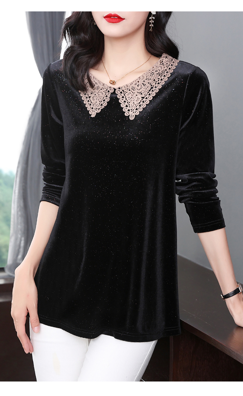洛荻黛luodidai金丝绒女上衣年秋季新款长袖恤女士娃娃领时尚减龄大码