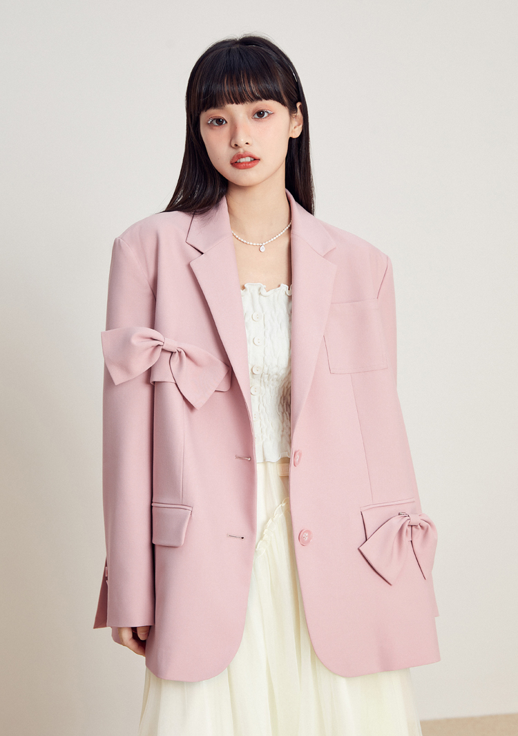 【新品】乐町蝴蝶结装饰西装2021夏季新款西装外套女夏设计感 粉色