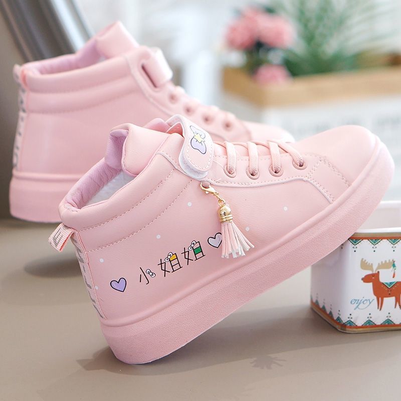 冬季女孩保暖棉鞋加绒高帮小学生平底皮面运动鞋防水女童休闲鞋子 黑