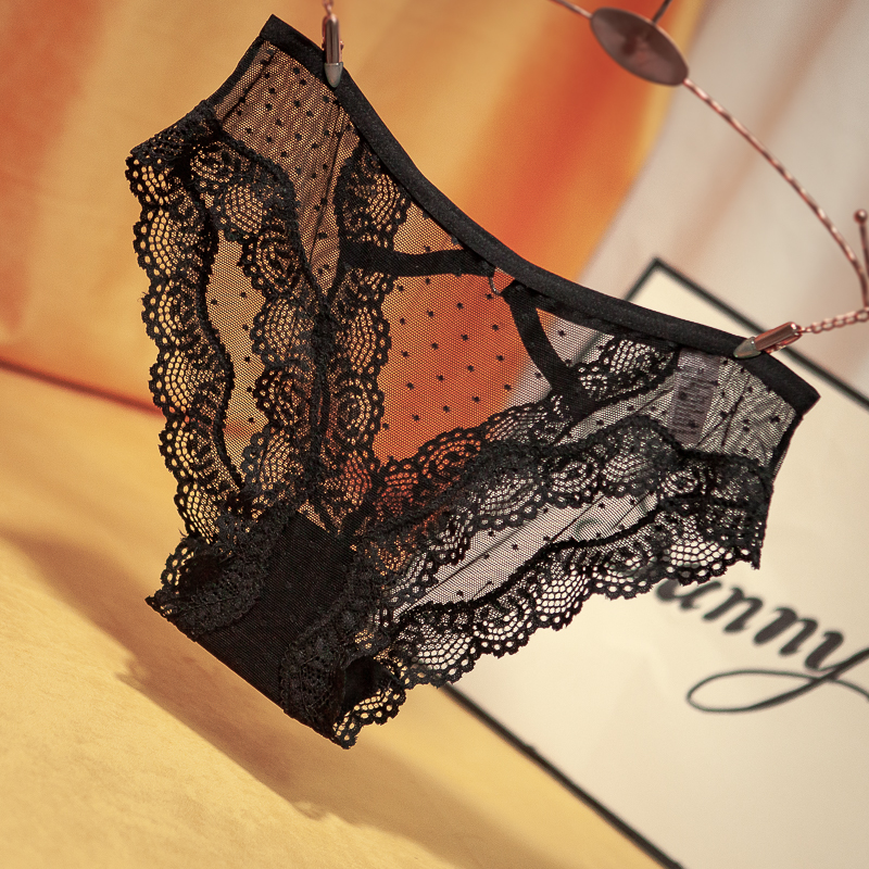 聚滴日系爱心性感女透明黑色蕾丝内裤无痕超薄火辣诱惑低腰三角裤爱心