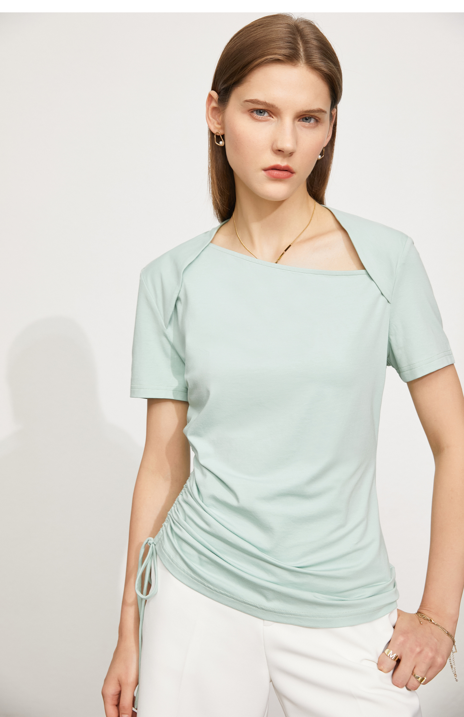 amii极简莫代尔气质t恤女2021夏季新款褶皱斜领百搭短袖上衣黑色165