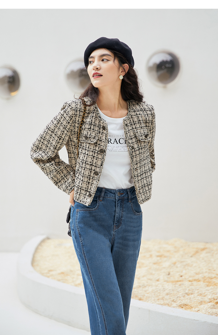 伊芙丽小香风短外套薄款2021年新款粗花呢马甲长袖上衣外套女春秋