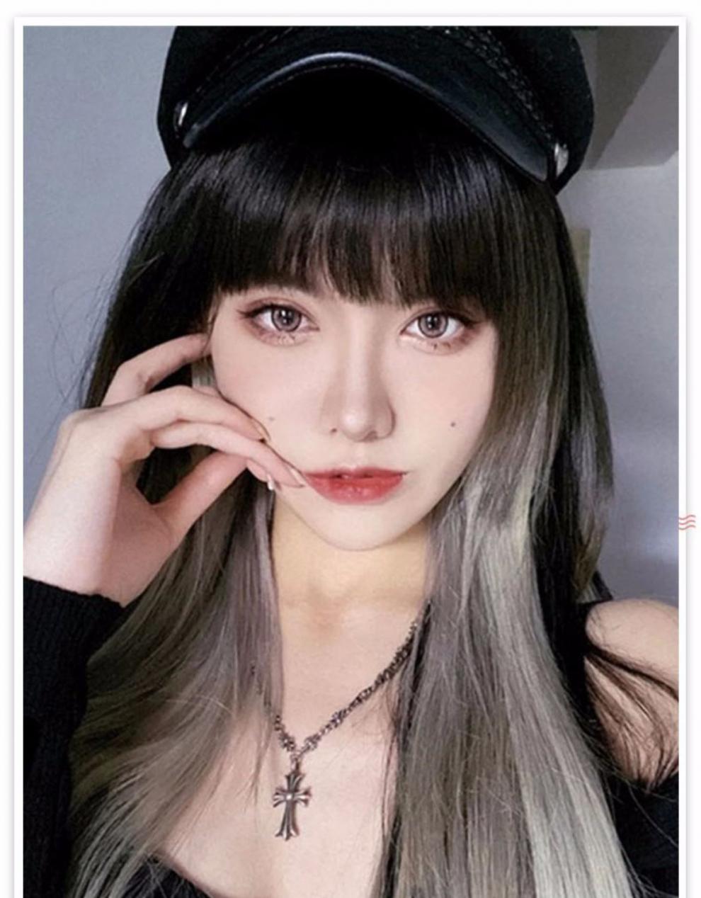 假发女长发挂耳染长漫画空气刘海挑染渐变灰lolita自然全头套 黑 奶奶