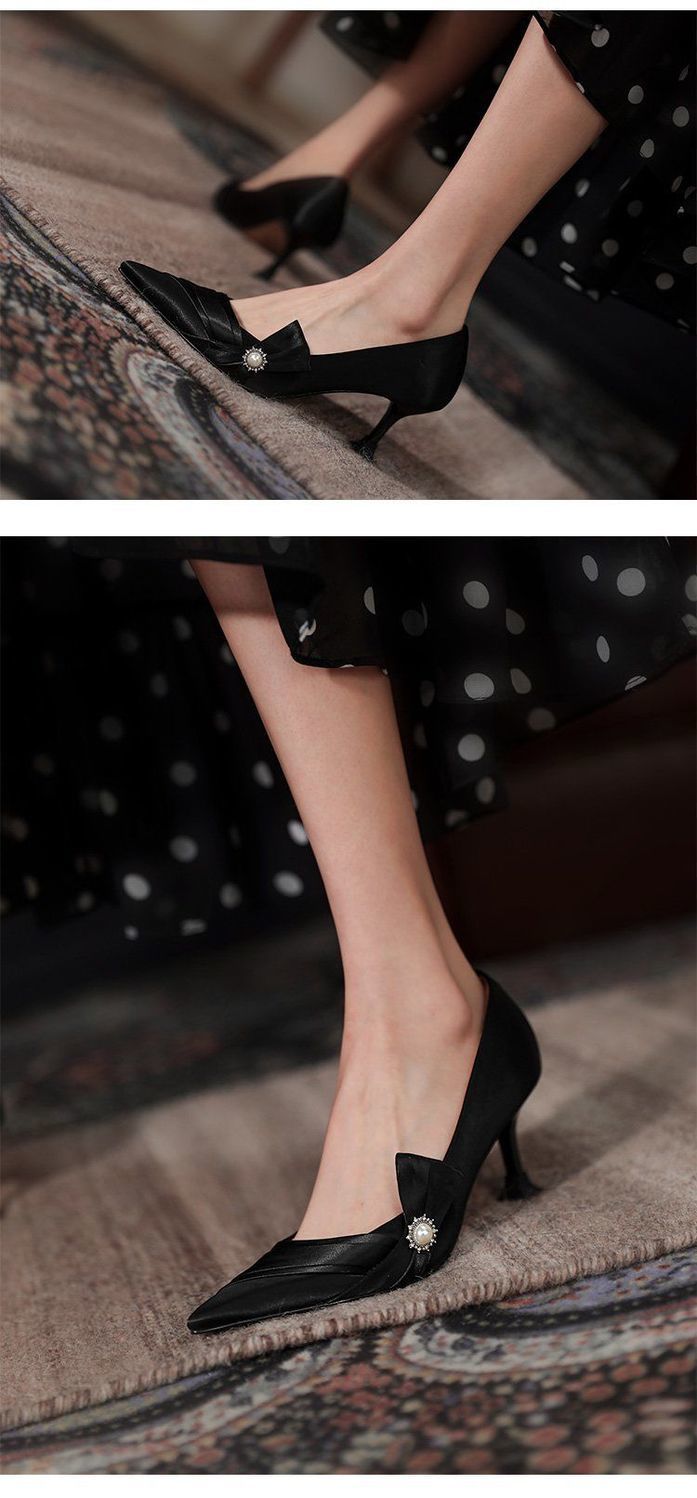 春秋新款法式高跟婚鞋尖头绸缎大蝴蝶结细跟单鞋女性感伴娘鞋黑色34