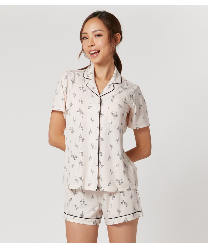 6ixty8ight 68夏季柔软莫代尔翻领短袖短裤睡衣家居服两件套装女hw08