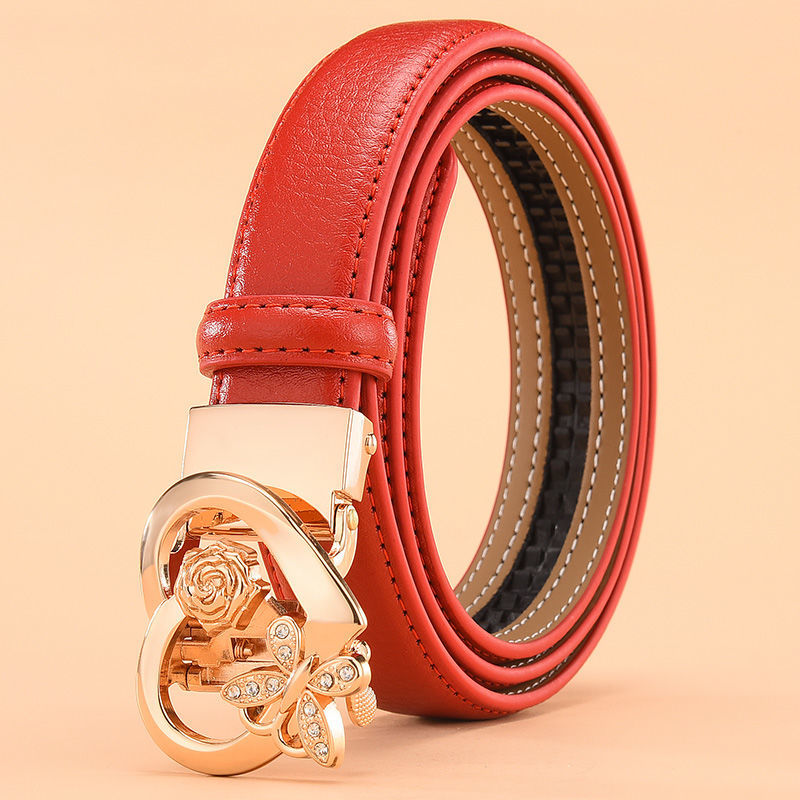 女士白色皮带自动扣装饰平滑扣细腰带韩版简约休闲女网红为柔白色叶子