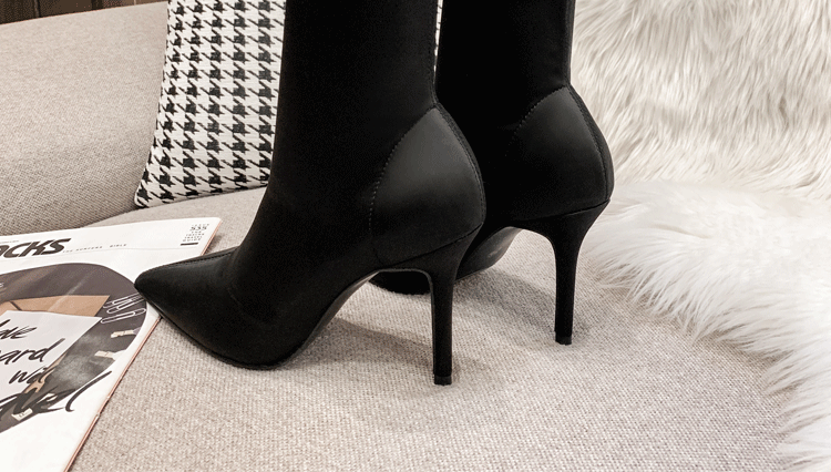 红蜻蜓品牌女靴同款2021新款尖头细跟弹力靴黑色绸缎袜靴瘦瘦靴高跟鞋