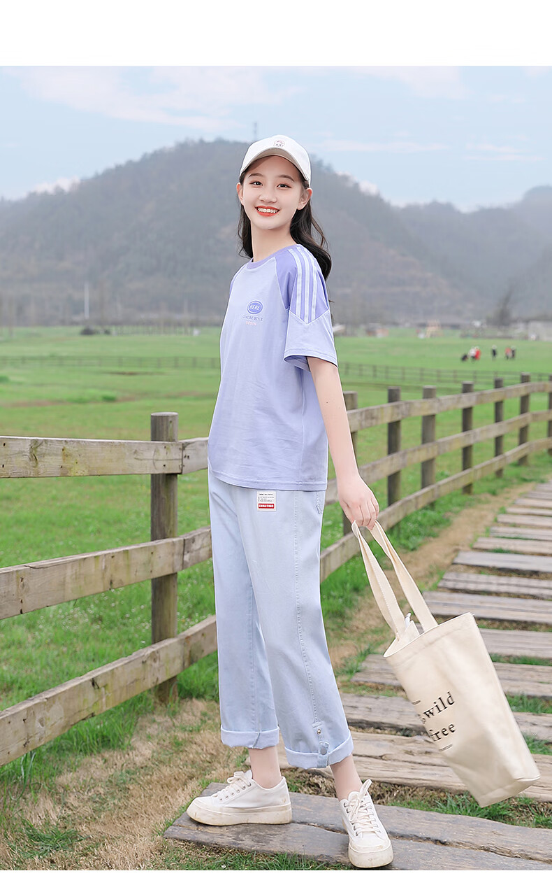 紫洛妮高中生休闲套装少女夏装2021新款初中学生15宽松短袖t恤两套件