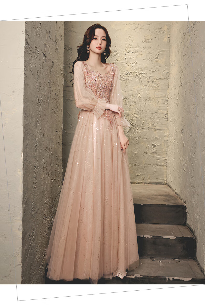 伴娘服大码200斤高端胖mm晚礼服女新款主持人宴会气质显瘦连衣裙 藕粉