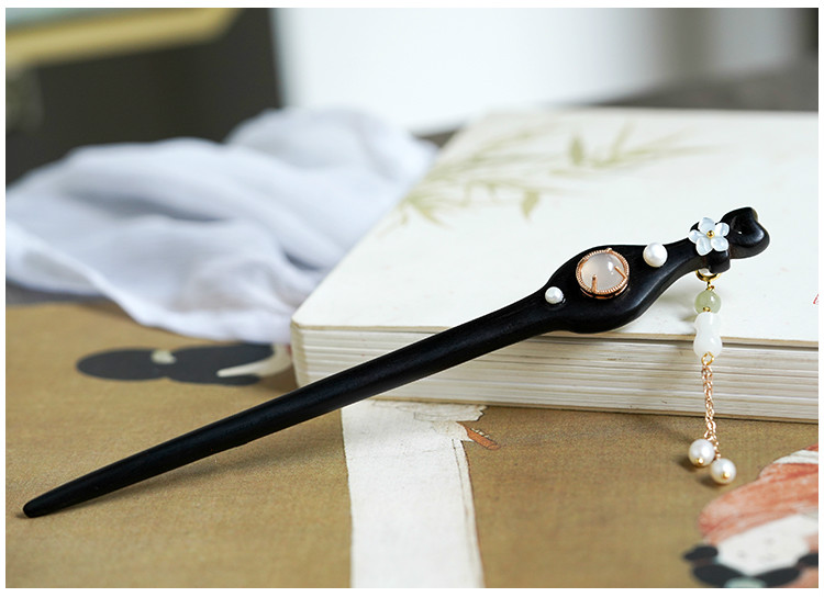 手工黑檀木盘发簪日常挽发簪子头饰流苏镶珍珠琵琶木簪 发簪 礼盒