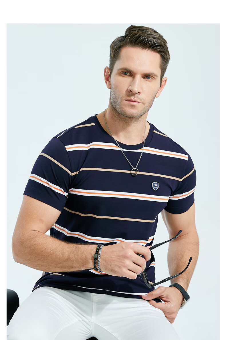 raidyboer雷迪波尔休闲夏新品男士撞色条纹圆领短袖t恤7073蓝条17550l