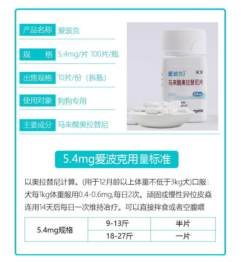 11，愛波尅狗狗止癢葯貓狗寵物皮膚病細菌真菌皮癬瘙癢過敏異位性皮炎寄生蟲皮癢馬來酸奧拉替尼片口服葯 5.4mg【18-27斤喫1片】(10片拆售)