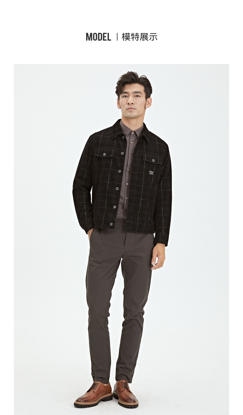 利郎男装夹克男格子翻领2021秋季新款时尚减龄帅潮流男茄克外套 黑色