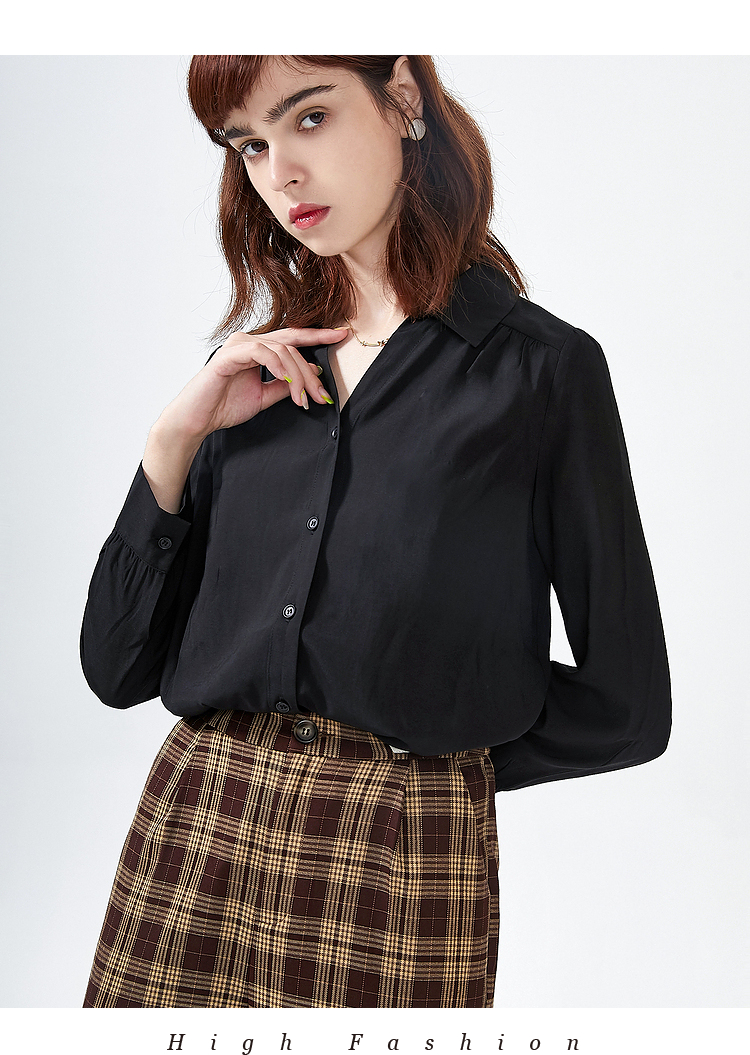 三福2021秋季女轻熟格纹褶皱设计衬衫舒适上衣女445281 米白 160/84a