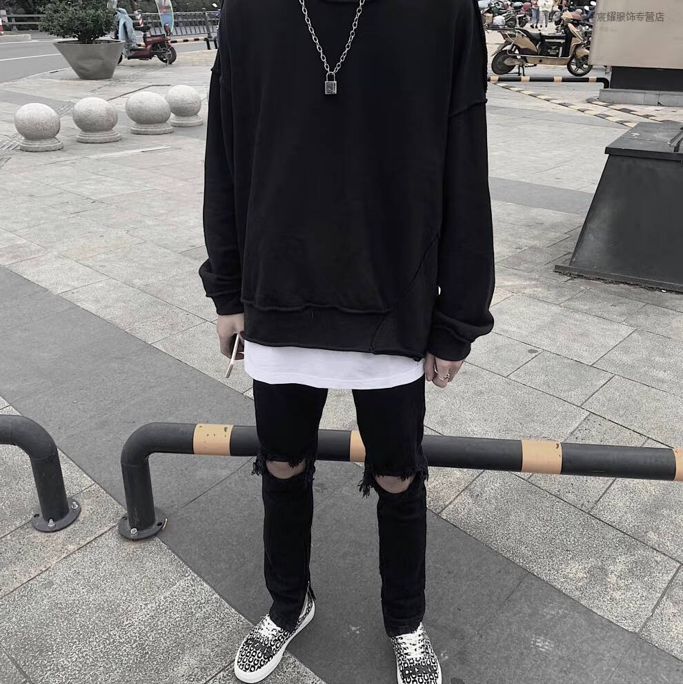 fog风格复古高街破洞牛仔裤长裤修身小脚牛仔裤男ins牛仔裤潮男 黑色