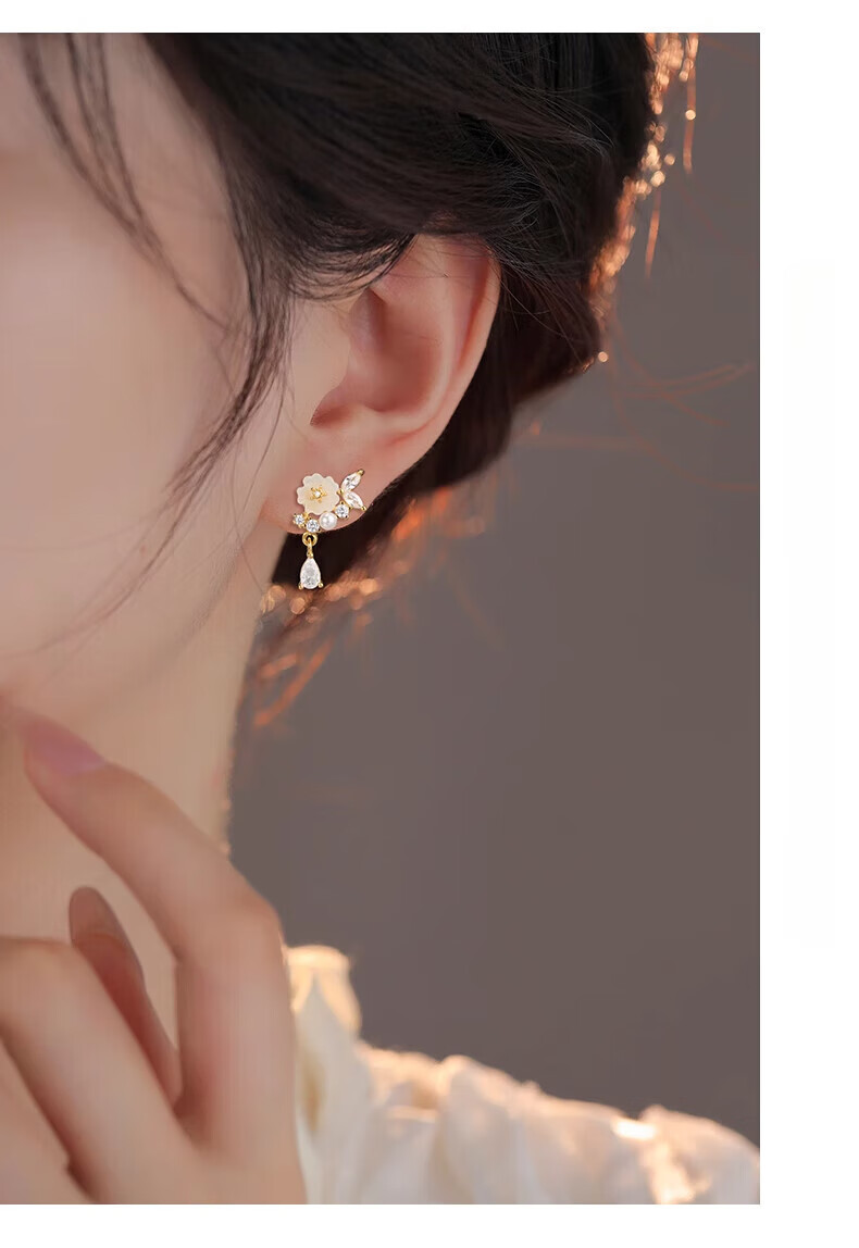 Dijing Camellia Earrings for Women, 925 Sterling Silver Hoop, Elegant Ear Studs, Forest Style Birthday Gift for Girlfriend 5