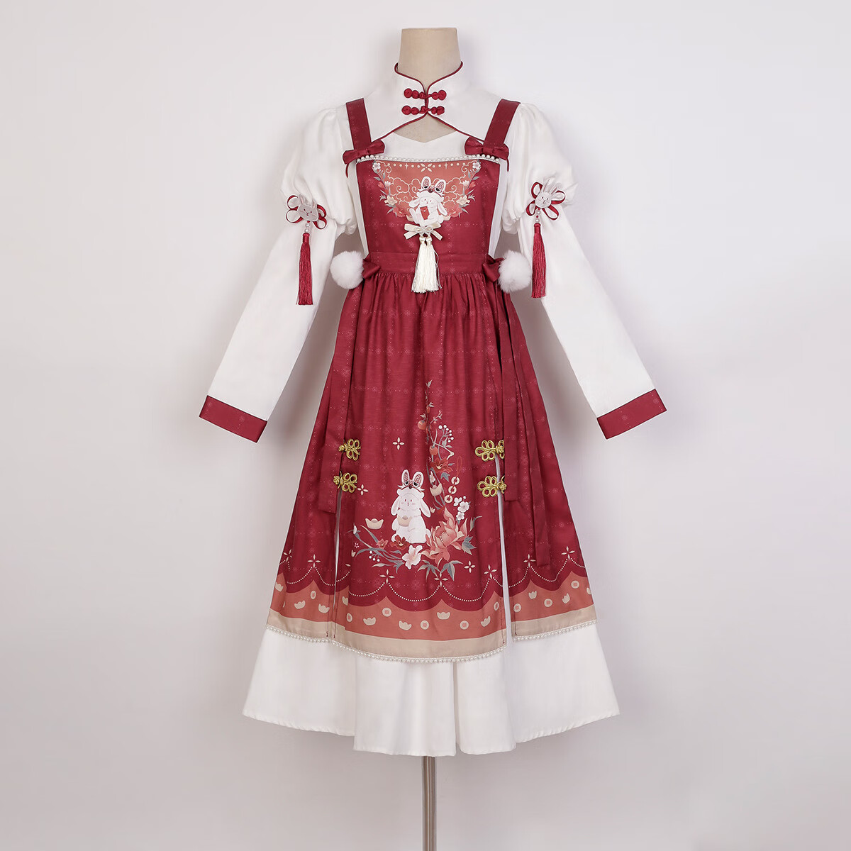 洛丽塔国风兔兔过大年红色中华风lolita连衣裙两件套国风洛丽塔中长
