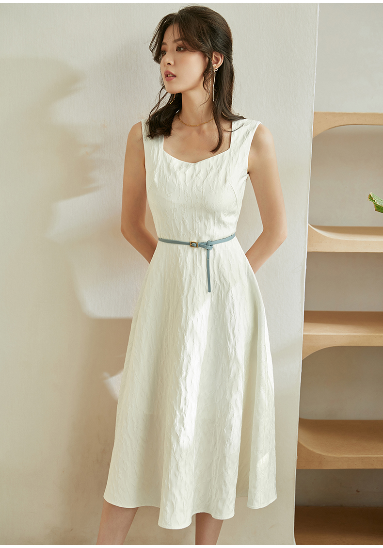 w罗衣淑女方领无袖连衣裙夏装新款气质白色优雅大摆裙子04593白色m