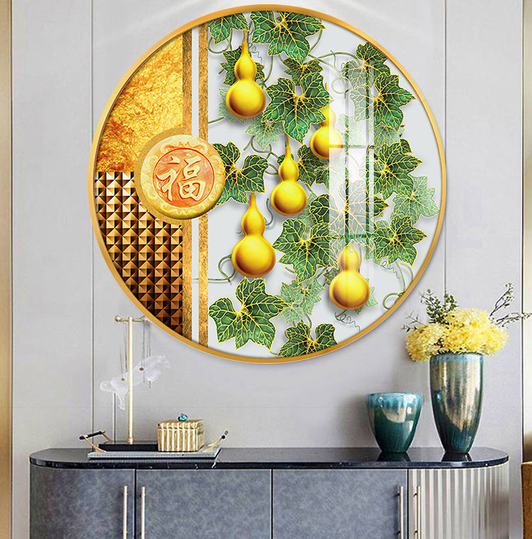 瑞琴玄关装饰画圆形新中式五福临门招财葫芦入户进门晶瓷镶钻墙面挂画