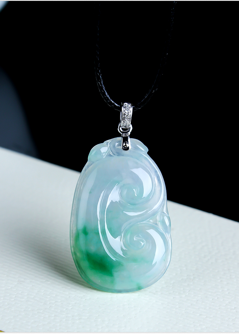 百博翡翠如意吊坠女冰种飘花吉祥如意玉坠18k金镶嵌天然玉石a货带证