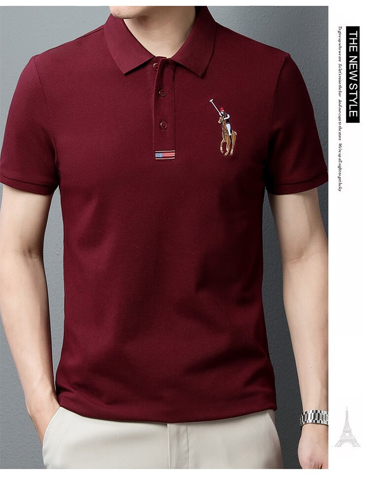 老爷车纯棉中年男士短袖t恤男夏季新款中老年男装4050岁爸爸翻领刺绣