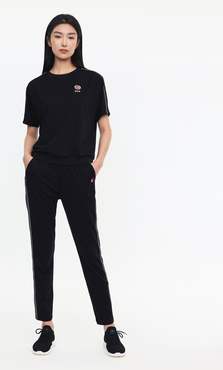 比音勒芬2021新品新款女士针织直筒休闲裤撞色编织带弹力裤透气舒适