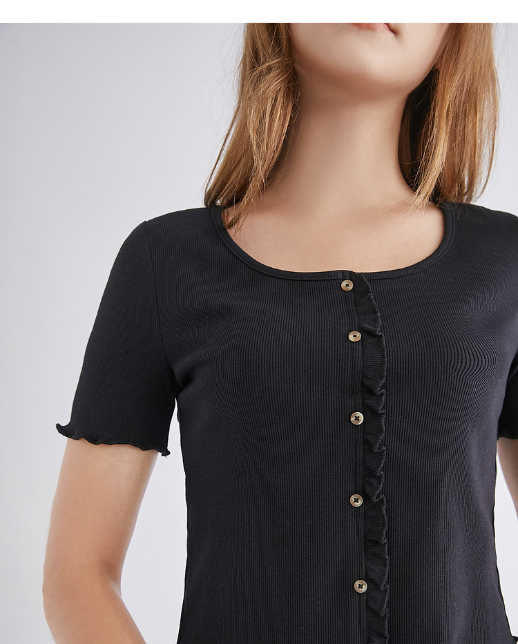 三福2021夏季女短款版型短t恤时尚木耳边设计上衣女440105 黑色 170
