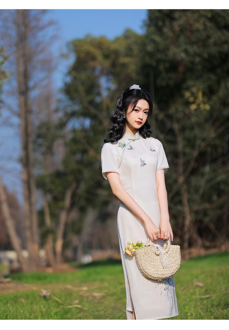 bianyemu少女旗袍2022年新款风年轻款气质复古民国连衣裙季走秀米白色