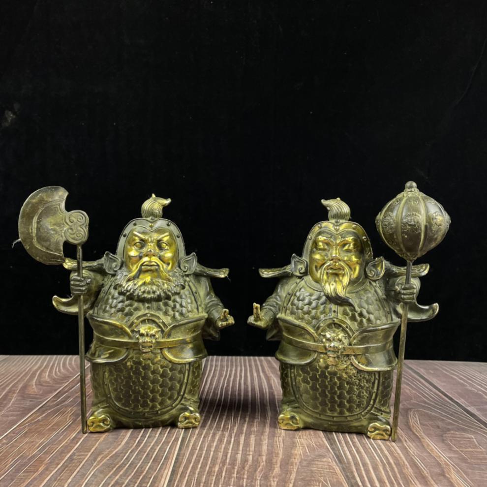 门神摆件 纯铜哼哈二将门神一对摆件装饰品乔迁入宅礼品 桔色 黄色
