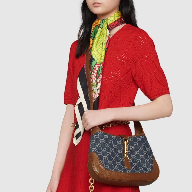 二手95新gucci古驰jackie1961系列经典双g印花帆布包袋女士复古肩手提