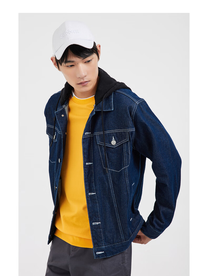 cabbeen/卡宾男装休闲牛仔外套2021秋冬潮流明线可拆卸帽子h 深蓝色87