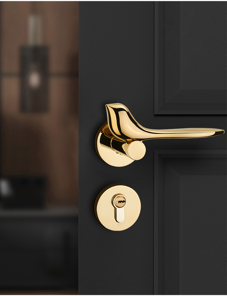 雷鸟pvd金色静音门锁室内轻奢简约卧室房门锁实木北欧现代分体锁复古