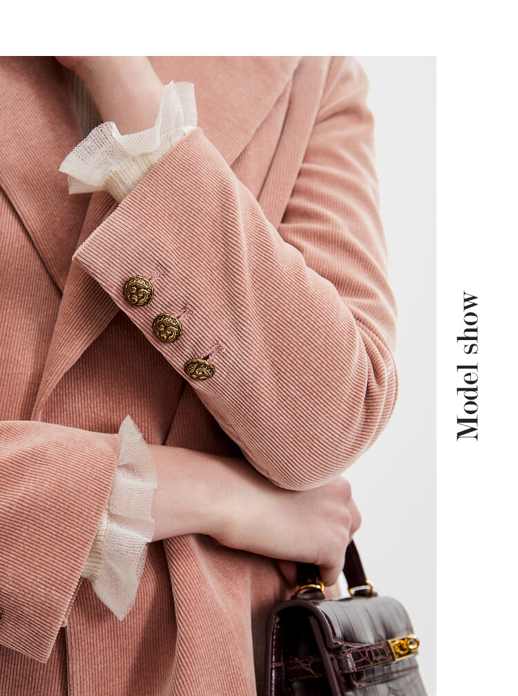 时髦复古条绒西装休闲垂感显瘦通勤精致干练小西装领外套 雾霾粉色