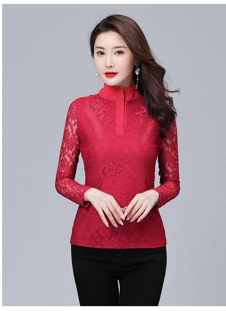 蕾丝打底衫女新款大码加厚保暖上衣中高领长袖t恤小衫女白色加绒款l