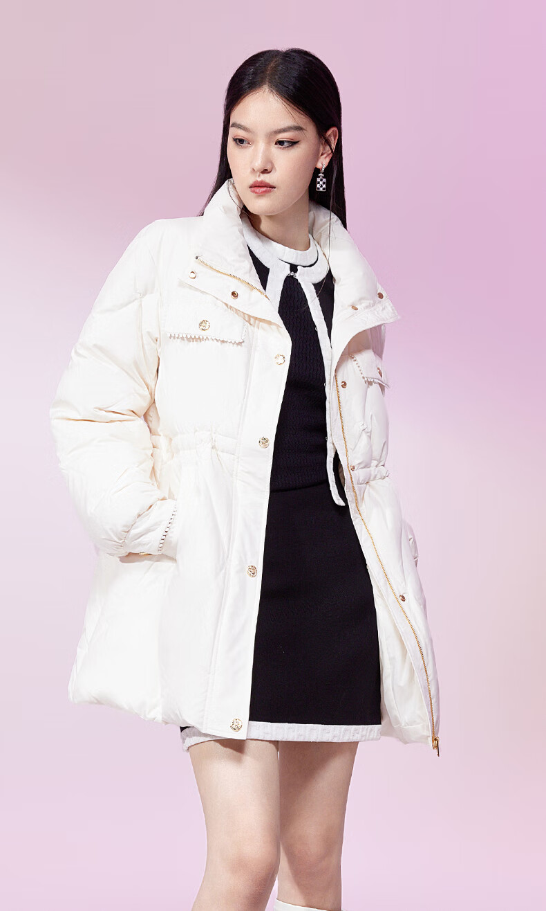 ochirly欧时力 小香风中长款羽绒服女 2022新款秋冬轻薄保暖外套 黑色