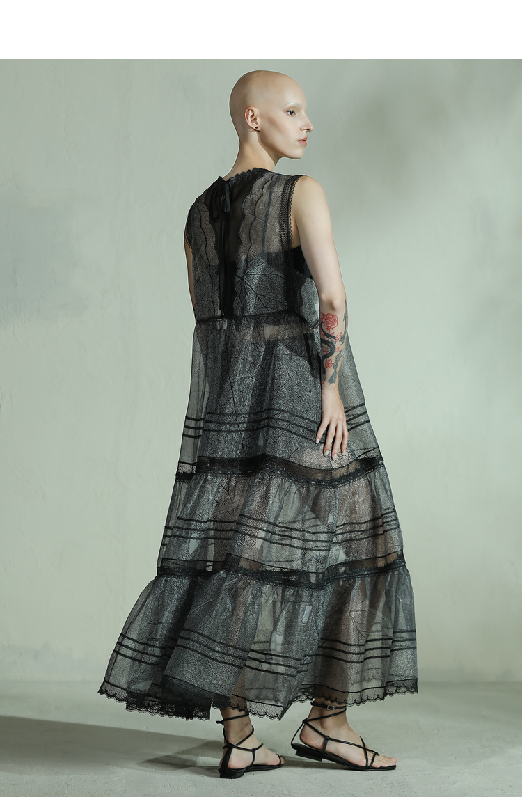 达衣岩优雅透视长款2022年夏季新品无袖花边连衣裙女朝暮红s