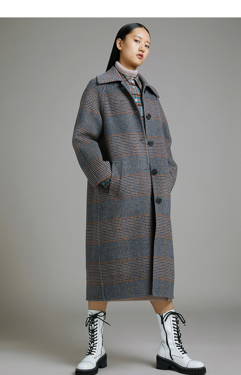 【手缝双面呢大衣】erdos 鄂尔多斯复古格纹插肩袖中长款袖女毛呢大衣