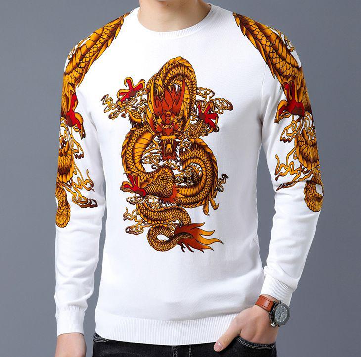 有龙图案的衣服春秋季装长袖t恤男士花纹带龙针织衫霸气古惑仔打底衫