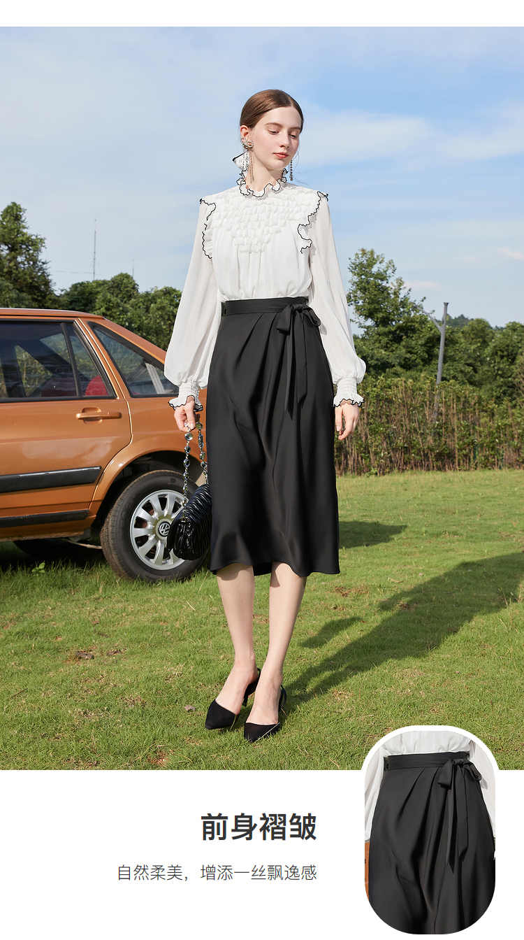 三彩2021秋季新款不规则设计感直身半身裙中长裙显瘦气质高腰女黑色