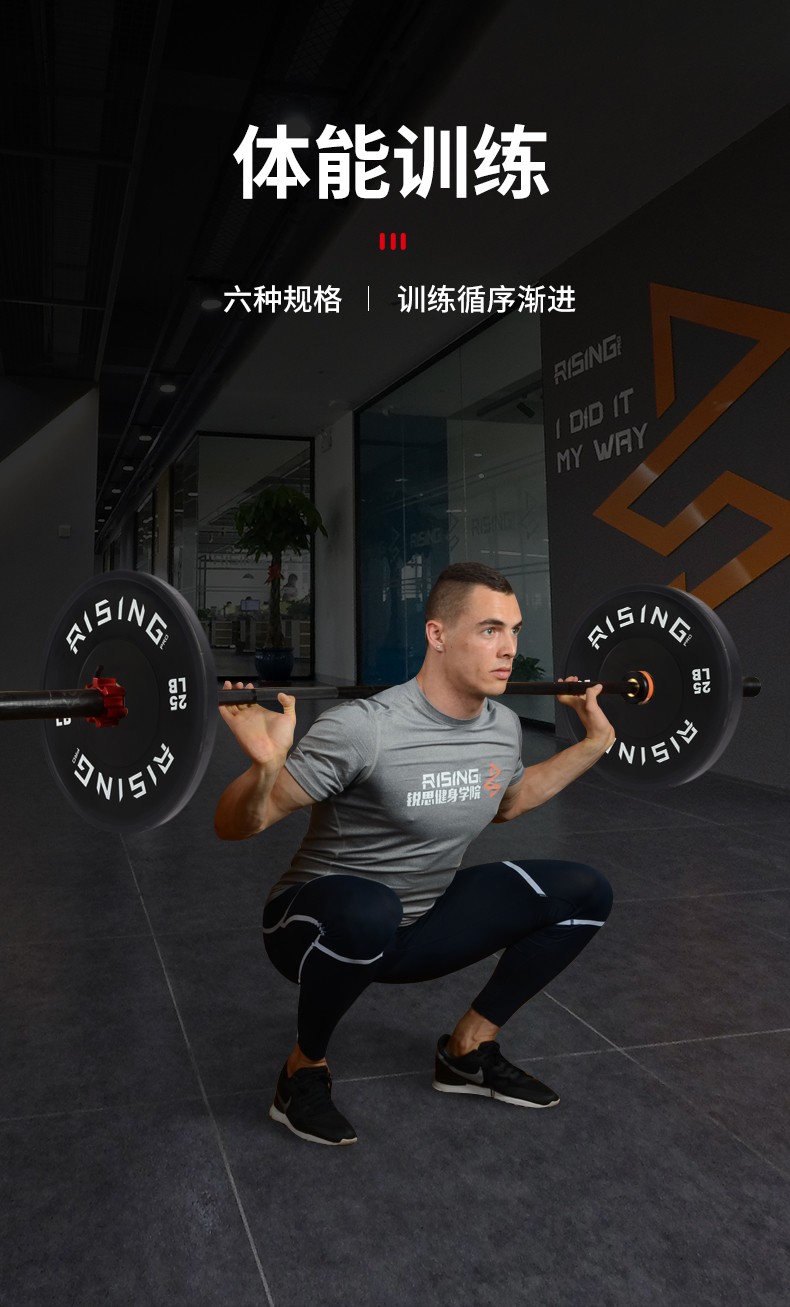 rising锐思黑色全胶杠铃片力量举卧推硬拉深蹲举重橡胶片增重片45磅片
